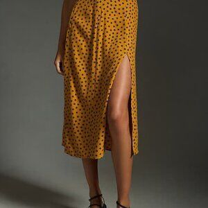 ANTHROPOLOGIE MAEVE e Lille Side Slit Midi Skirt Yellow Polka